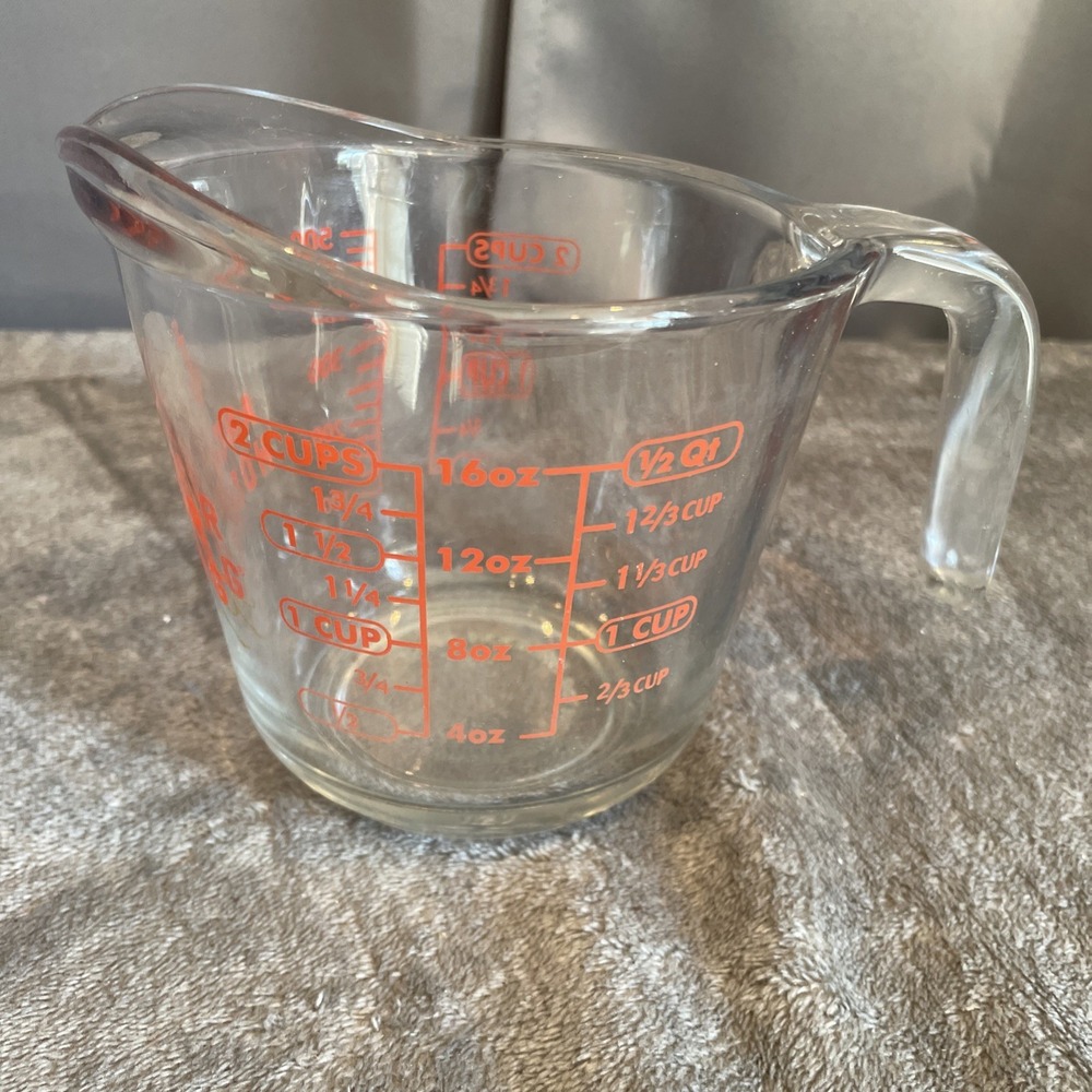 Vintage Anchor Hocking 2 Cup 16 500ml Glass Measuring Cup Red Lettering #698 USA